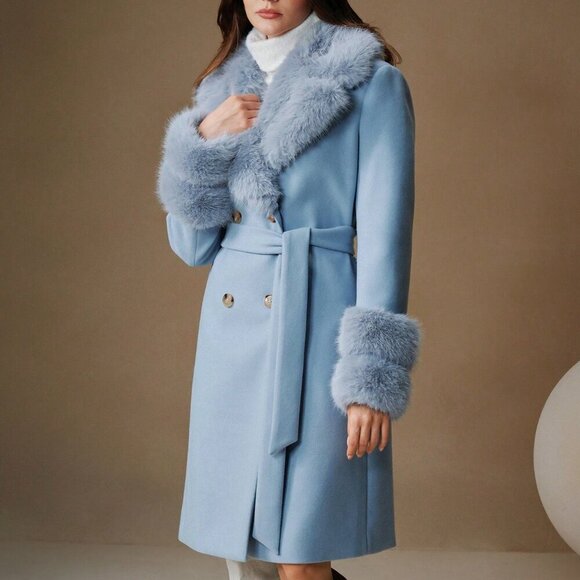 Blue And White Elegant Women's Faux Fur Collar Wool Blend Long Belted Coat - Picture 7 of 8